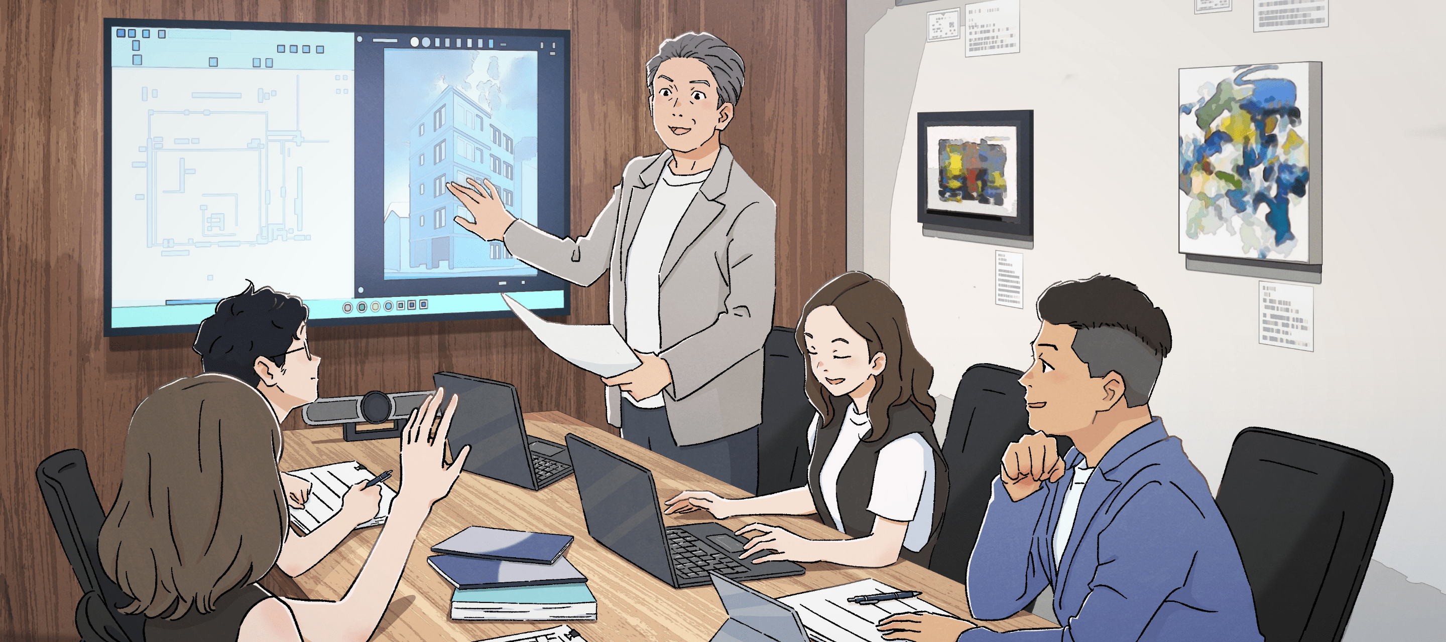 会議室で打ち合わせをするスタッフのイラスト